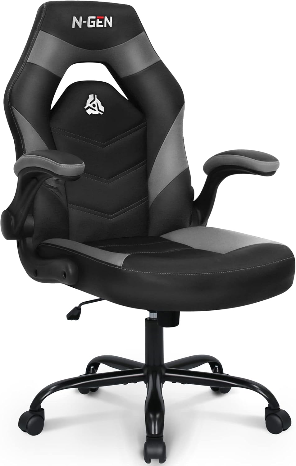 N-GEN Video Gaming Computer Chair Ergonomic Desk Office Chair for Adults with Lumbar Support Flip-Up Arms Adjustable Height Swivel Wheels PU Leather Executive Design for Home and Office (White)