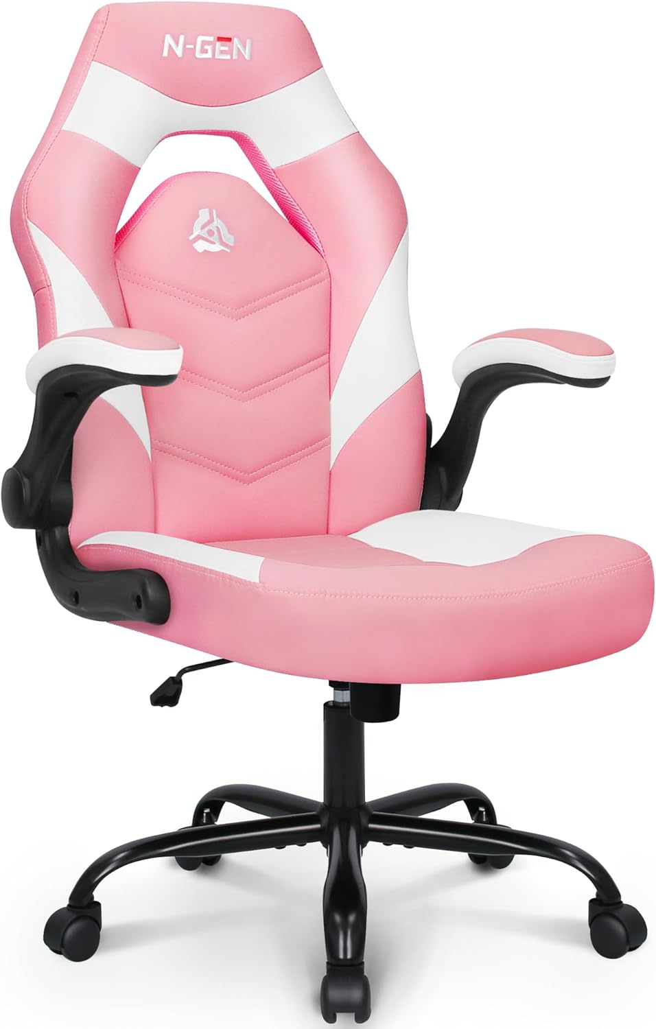 N-GEN Video Gaming Computer Chair Ergonomic Desk Office Chair for Adults with Lumbar Support Flip-Up Arms Adjustable Height Swivel Wheels PU Leather Executive Design for Home and Office (White)