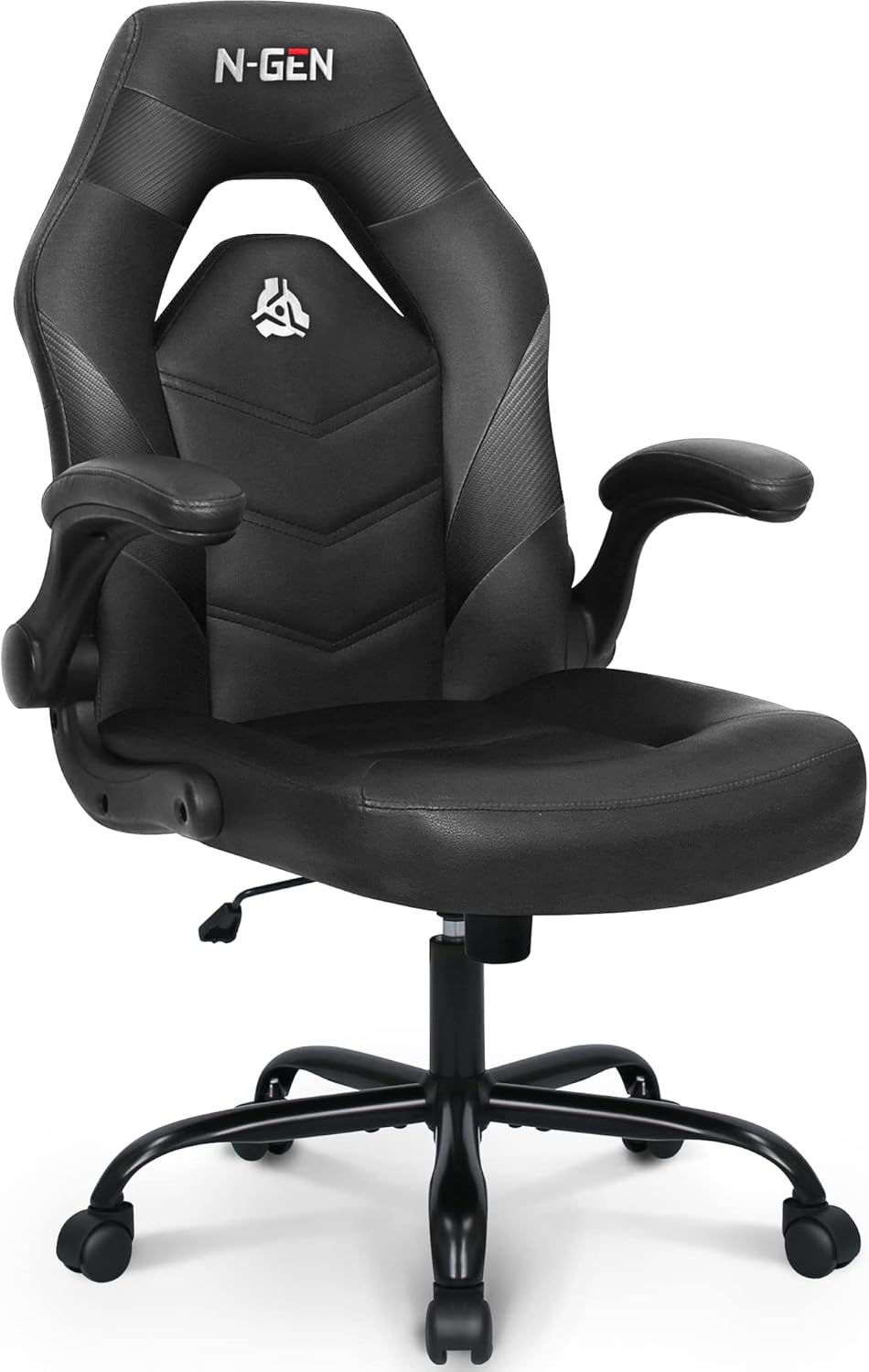 N-GEN Video Gaming Computer Chair Ergonomic Desk Office Chair for Adults with Lumbar Support Flip-Up Arms Adjustable Height Swivel Wheels PU Leather Executive Design for Home and Office (White)