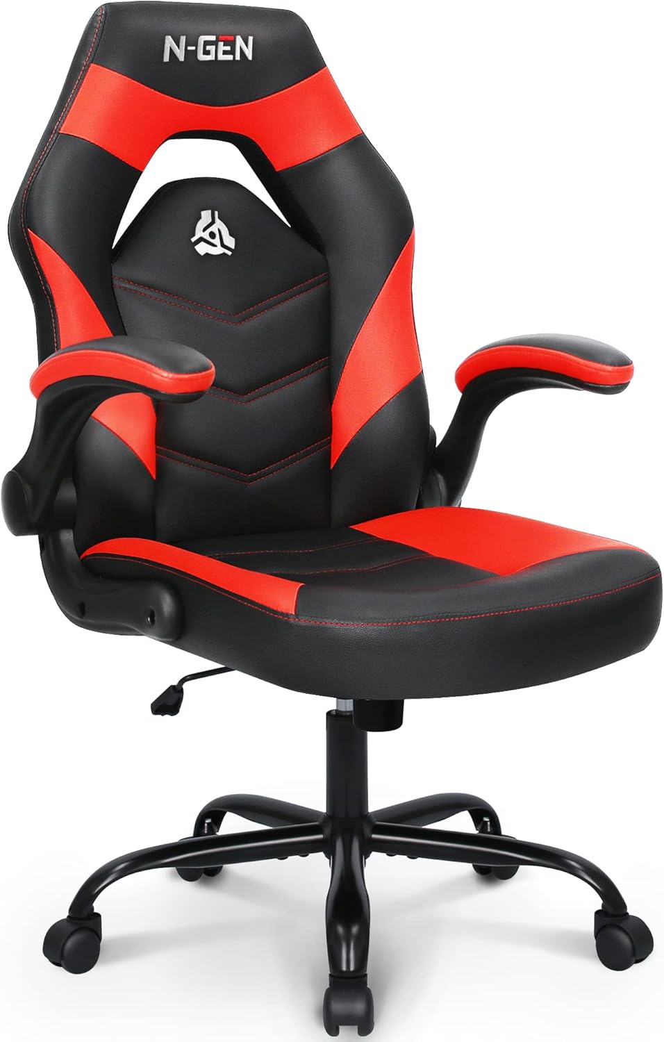 N-GEN Video Gaming Computer Chair Ergonomic Desk Office Chair for Adults with Lumbar Support Flip-Up Arms Adjustable Height Swivel Wheels PU Leather Executive Design for Home and Office (White)