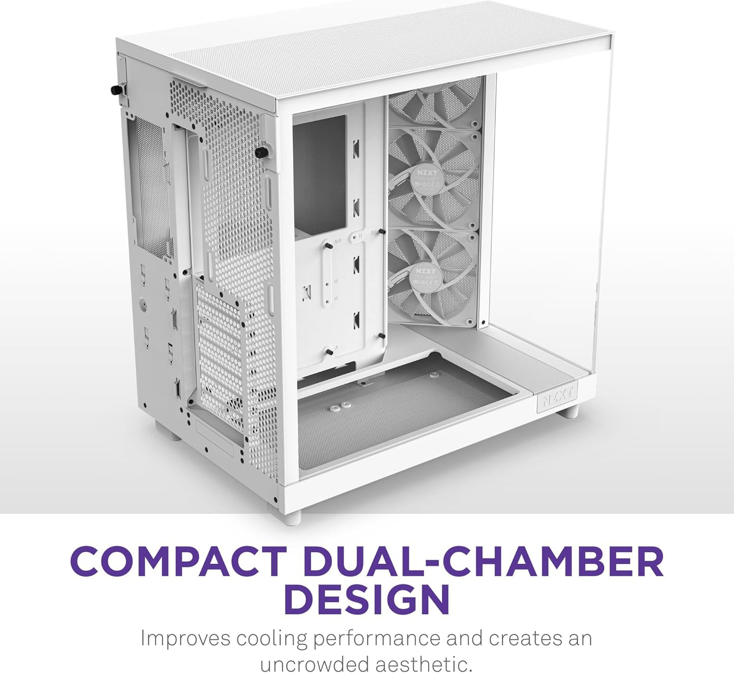 NZXT H6 Flow | CC-H61FW-01 | Compact Dual-Chamber Mid-Tower Airflow Case | Panoramic Glass Panels | High-Performance Airflow Panels | Includes 3 X 120Mm Fans | Cable Management | White