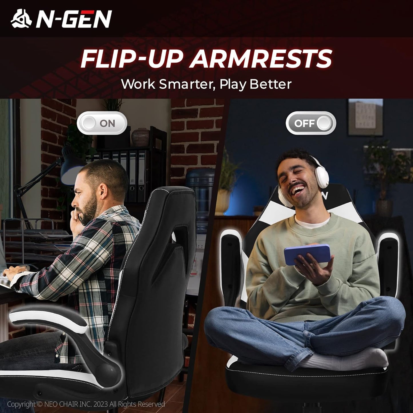 N-GEN Video Gaming Computer Chair Ergonomic Desk Office Chair for Adults with Lumbar Support Flip-Up Arms Adjustable Height Swivel Wheels PU Leather Executive Design for Home and Office (White)