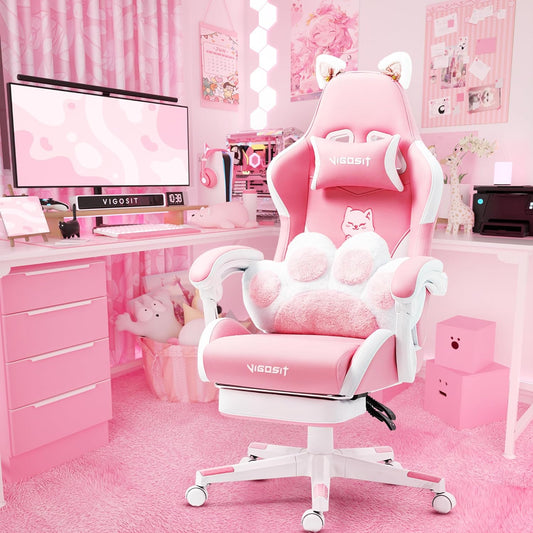 Pink Gaming Chair with Cat Paw Lumbar Cushion and Cat Ears, Ergonomic Computer Chair with Footrest, Reclining PC Game Chair for Girl, Teen