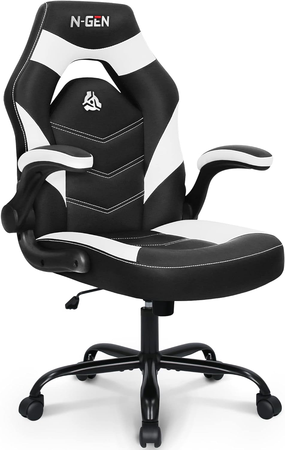 N-GEN Video Gaming Computer Chair Ergonomic Desk Office Chair for Adults with Lumbar Support Flip-Up Arms Adjustable Height Swivel Wheels PU Leather Executive Design for Home and Office (White)
