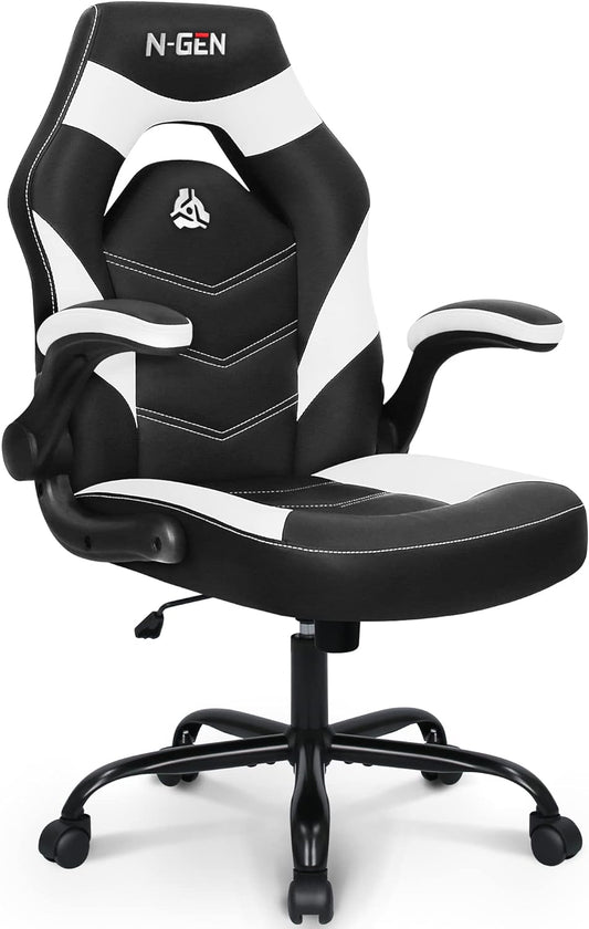 N-GEN Video Gaming Computer Chair Ergonomic Desk Office Chair for Adults with Lumbar Support Flip-Up Arms Adjustable Height Swivel Wheels PU Leather Executive Design for Home and Office (White)