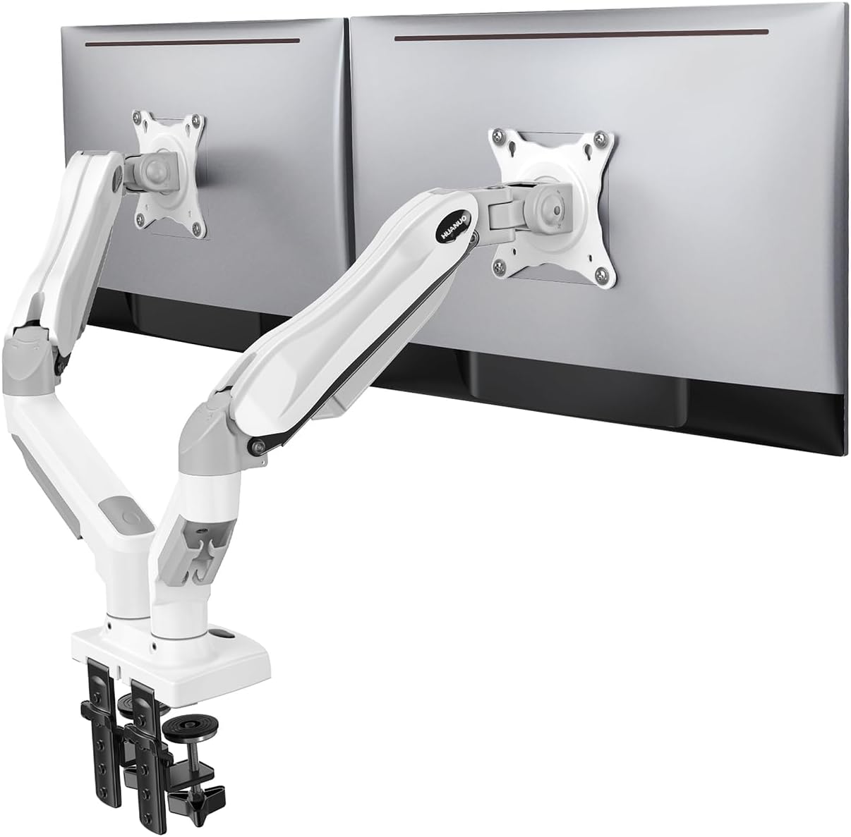 HUANUO Dual Monitor Stand - Full Adjustable Monitor Desk Mount Swivel Vesa Bracket with C Clamp, Grommet Mounting Base for 13 to 32 Inch Computer Screens - Each Arm Holds 4.4 to 19.8Lbs