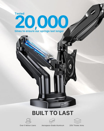 HUANUO Dual Monitor Stand - Full Adjustable Monitor Desk Mount Swivel Vesa Bracket with C Clamp, Grommet Mounting Base for 13 to 32 Inch Computer Screens - Each Arm Holds 4.4 to 19.8Lbs