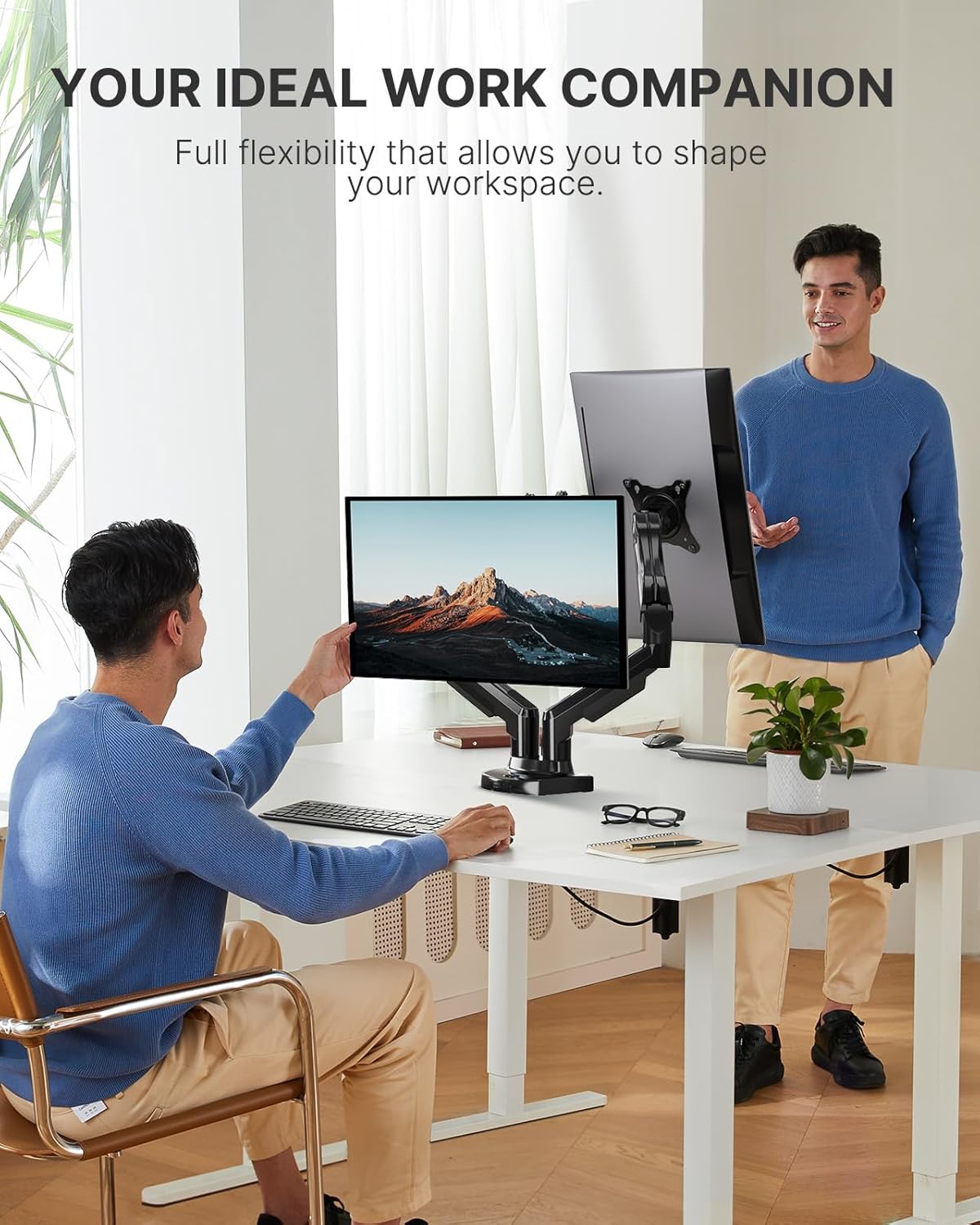 HUANUO Dual Monitor Stand - Full Adjustable Monitor Desk Mount Swivel Vesa Bracket with C Clamp, Grommet Mounting Base for 13 to 32 Inch Computer Screens - Each Arm Holds 4.4 to 19.8Lbs