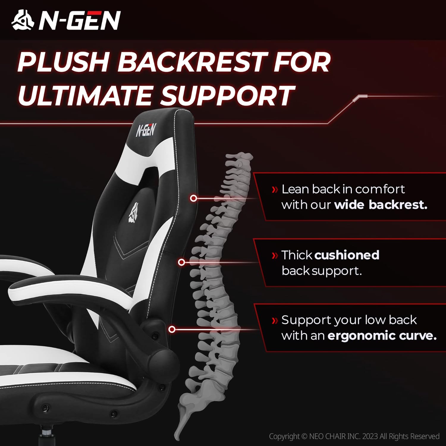 N-GEN Video Gaming Computer Chair Ergonomic Desk Office Chair for Adults with Lumbar Support Flip-Up Arms Adjustable Height Swivel Wheels PU Leather Executive Design for Home and Office (White)