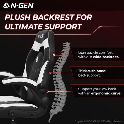 N-GEN Video Gaming Computer Chair Ergonomic Desk Office Chair for Adults with Lumbar Support Flip-Up Arms Adjustable Height Swivel Wheels PU Leather Executive Design for Home and Office (White)