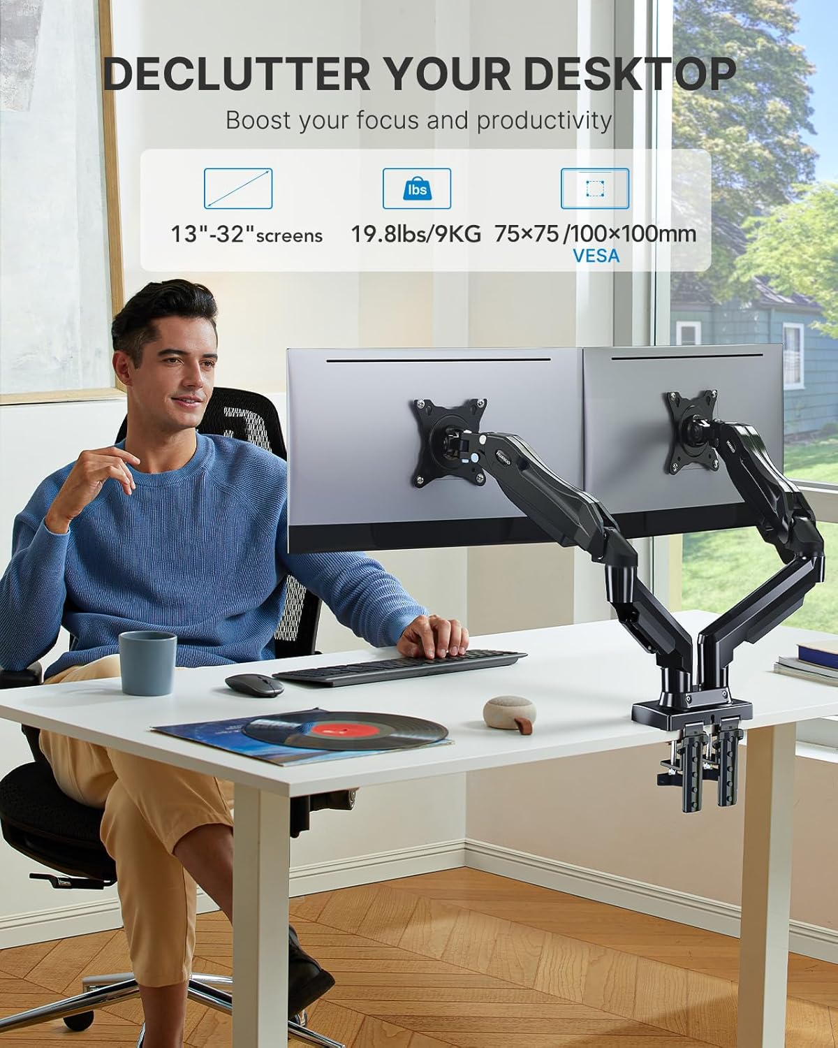 HUANUO Dual Monitor Stand - Full Adjustable Monitor Desk Mount Swivel Vesa Bracket with C Clamp, Grommet Mounting Base for 13 to 32 Inch Computer Screens - Each Arm Holds 4.4 to 19.8Lbs