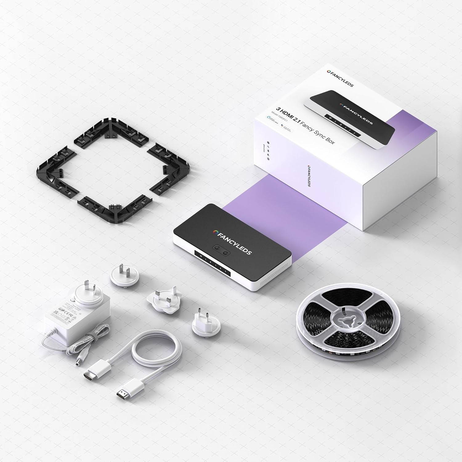 New RGBW 3 HDMI 2.1 Fancy Sync Box Streaming Media Syncing Device with 3 HDMI Ports, 4K 120Hz, HDR, and Movie Support (For 70" to 95" Tvs)