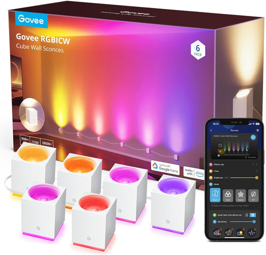 Govee Cube Wall Sconces, RGBIC LED Wall Light Works with Alexa, Wifi Smart Lights for Room Decor, Color Changing Indoor Light Fixture for Bedroom Dining Room, Music Sync, Adjustable Cables, 15Ft